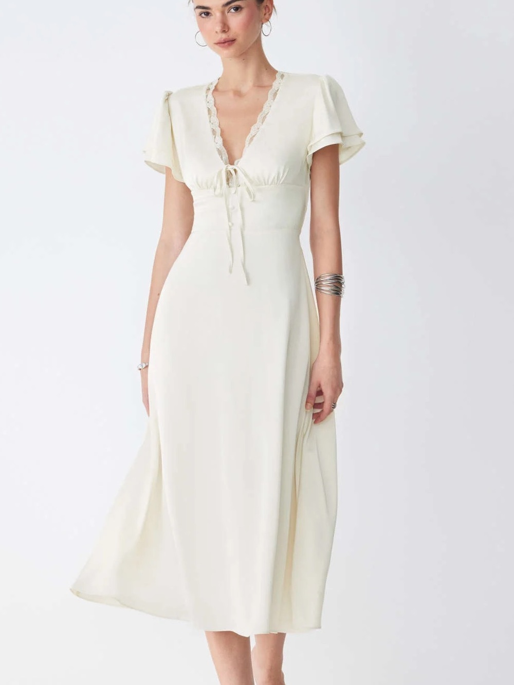 Satin V-neck Lace Trim Tie Front A-line Maxi Dress